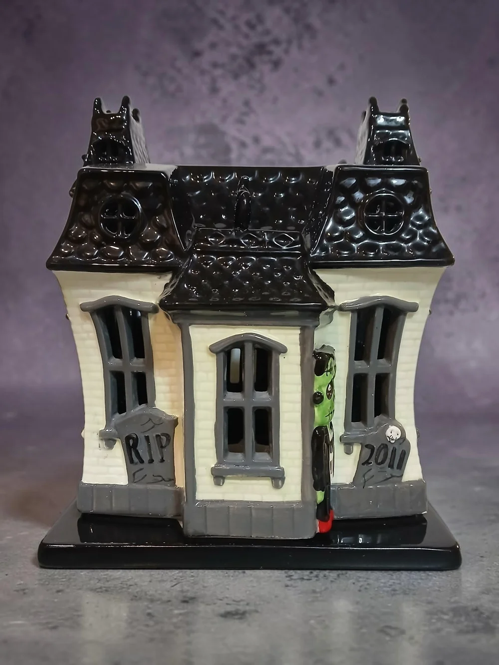 Ceramic Haunted House Luminary with Skull Door - Black & Cream